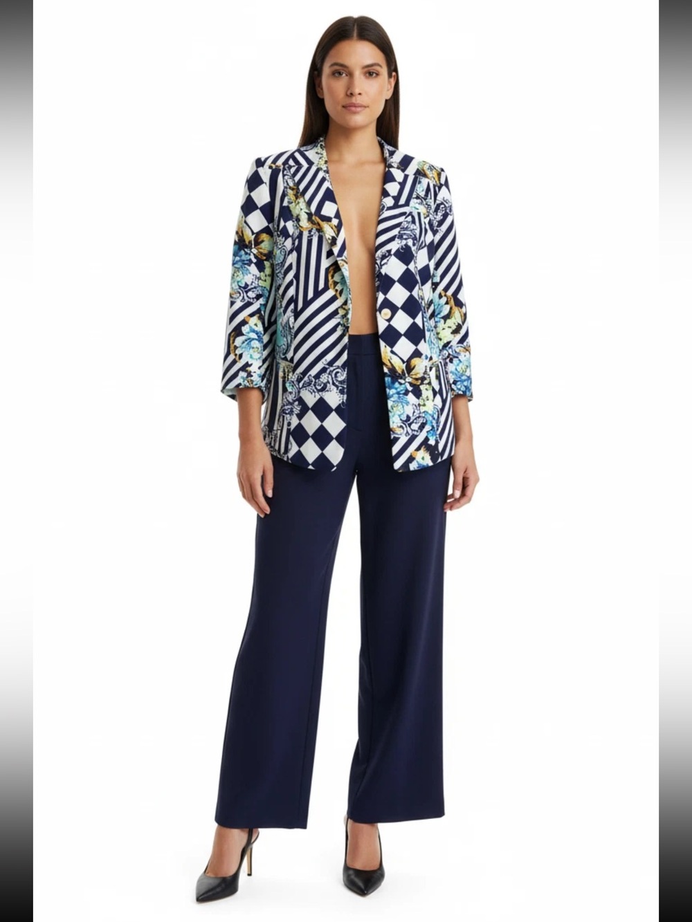 Alberto Makali Navy Printed Open-Front Blazer